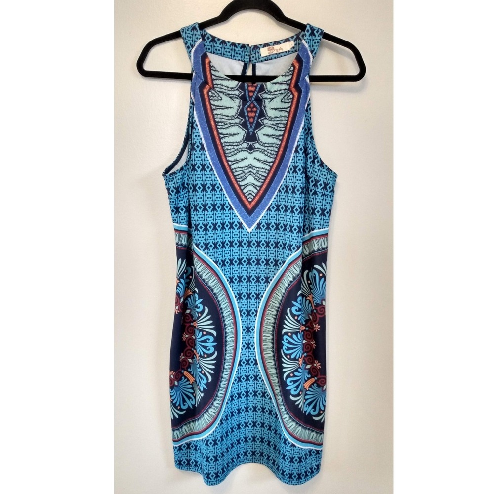 Artsy Mod ARYEH Geometric Medallion Halter Shift Mini Dress L Boho Easy Wear